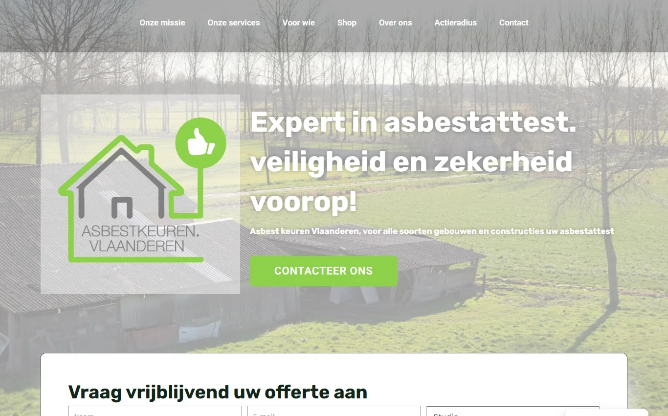 Website van Asbestkeuren Vlaanderen met doelgroepkeuze, asbestattesten, materiaaloverzicht en offerteformulier