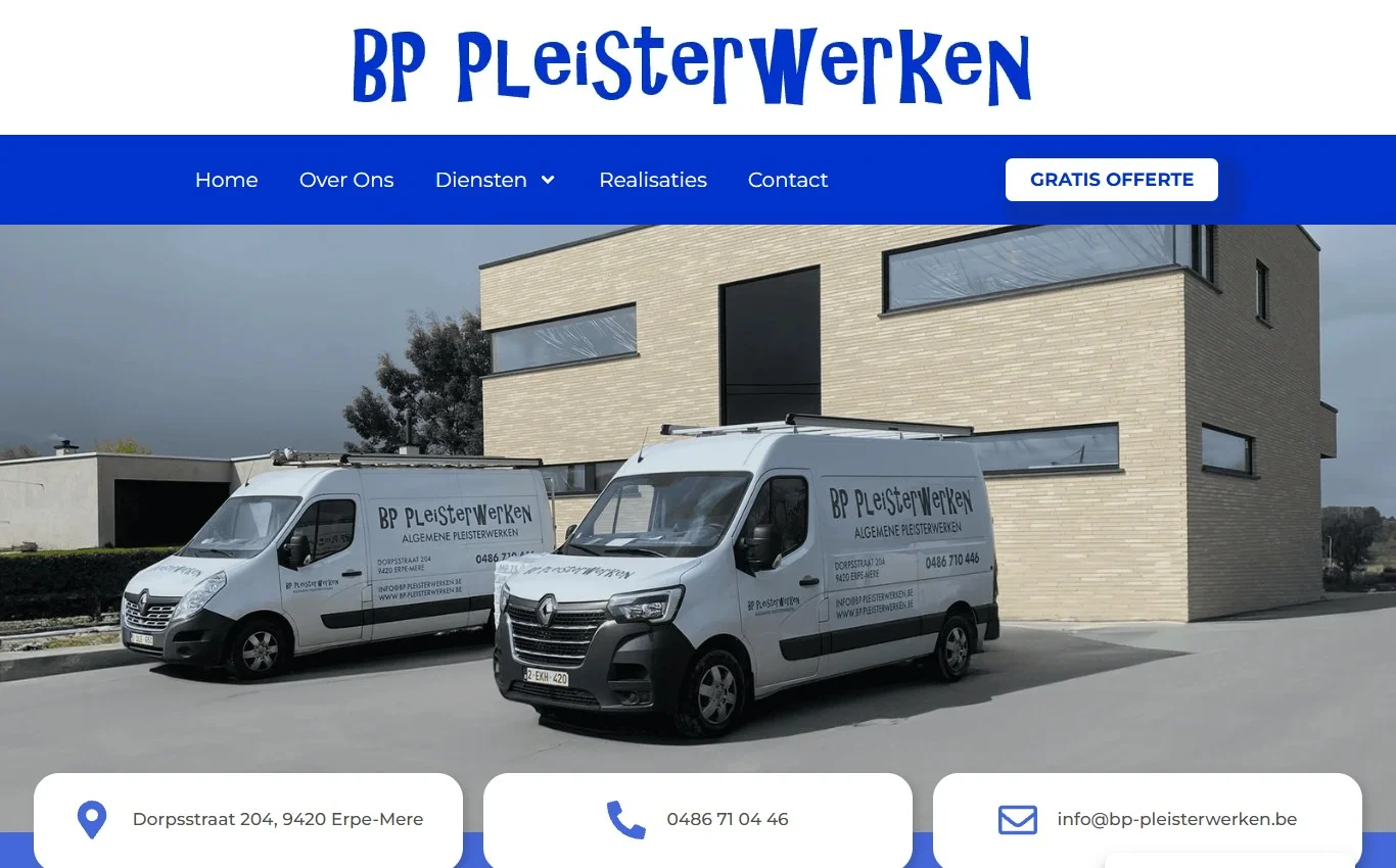 Website van BP Pleisterwerken met diensten, projecten, lokale pagina's en offerteknoppen