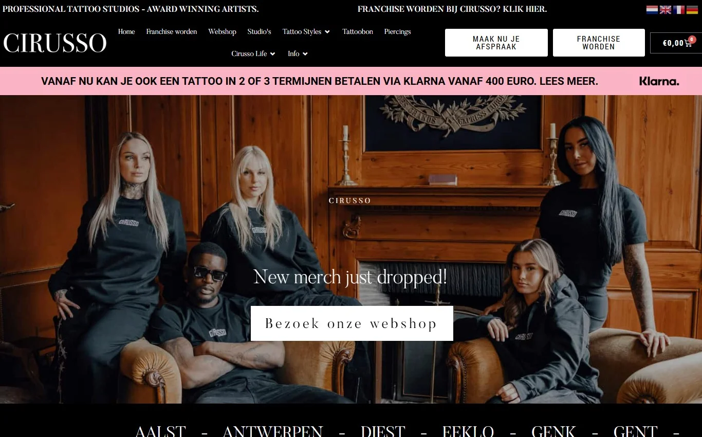 Cirusso multisite met lokale tattoo studios, franchisewebshops en centrale merchandise