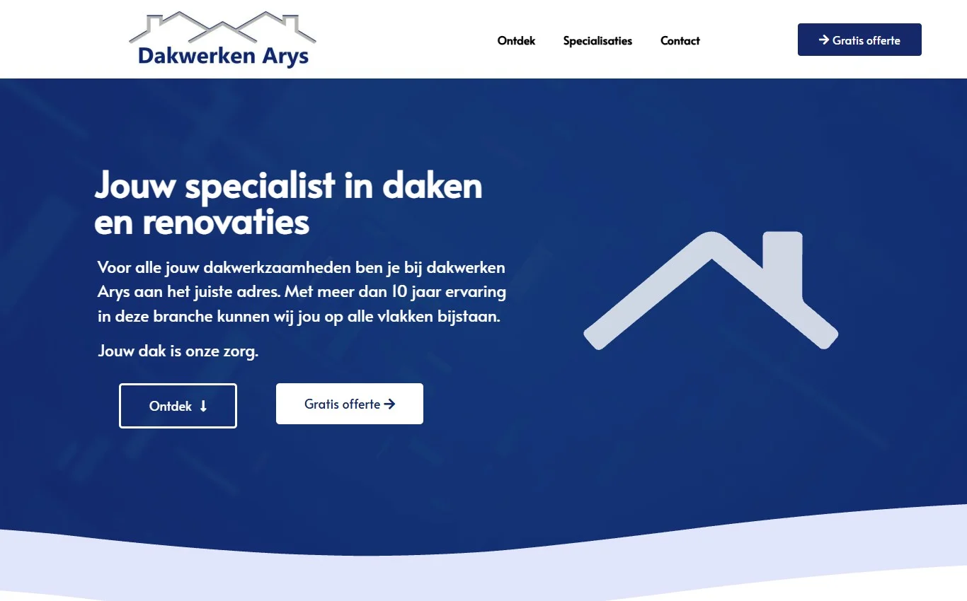 Website van Dakwerken Arys met aparte onderdelen voor daken, timmerwerk, gevelbekleding en isolatie