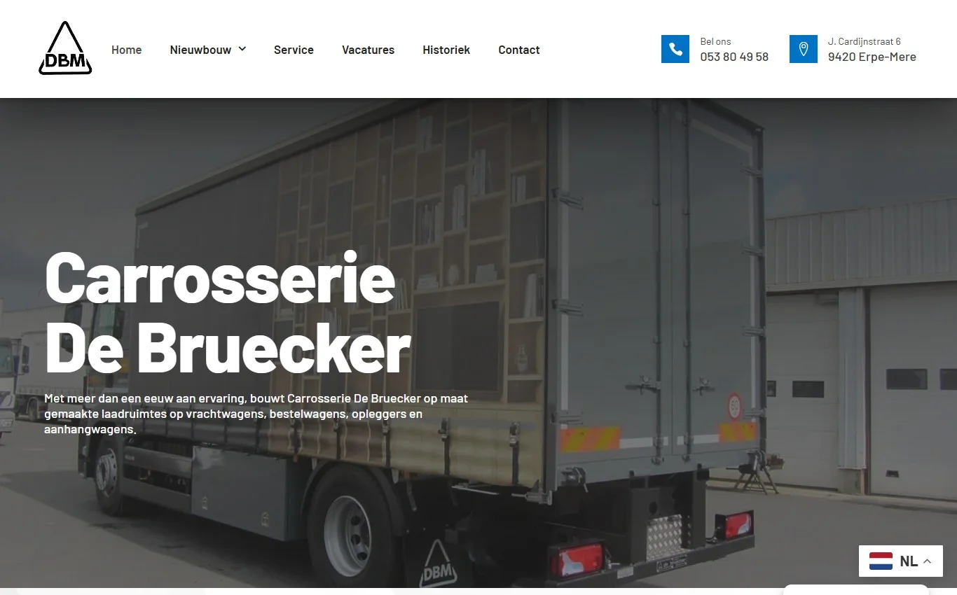 Website van DBM Carrosserie met gesloten opbouw, schuifzeilen, laadbakken en geïsoleerde transportoplossingen