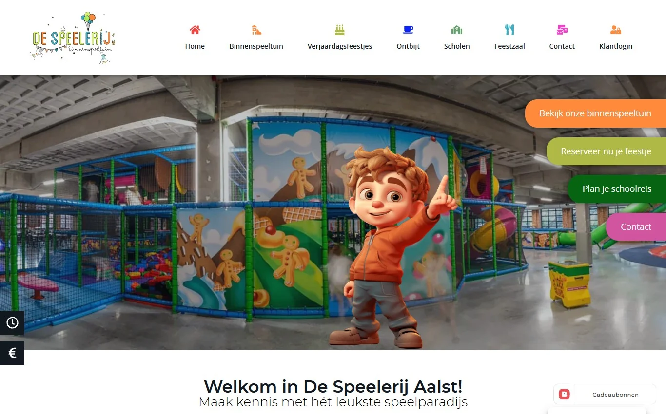 Speelse website van De Speelerij met boekingen voor feestjes, ontbijt, kampen en zaalhuur