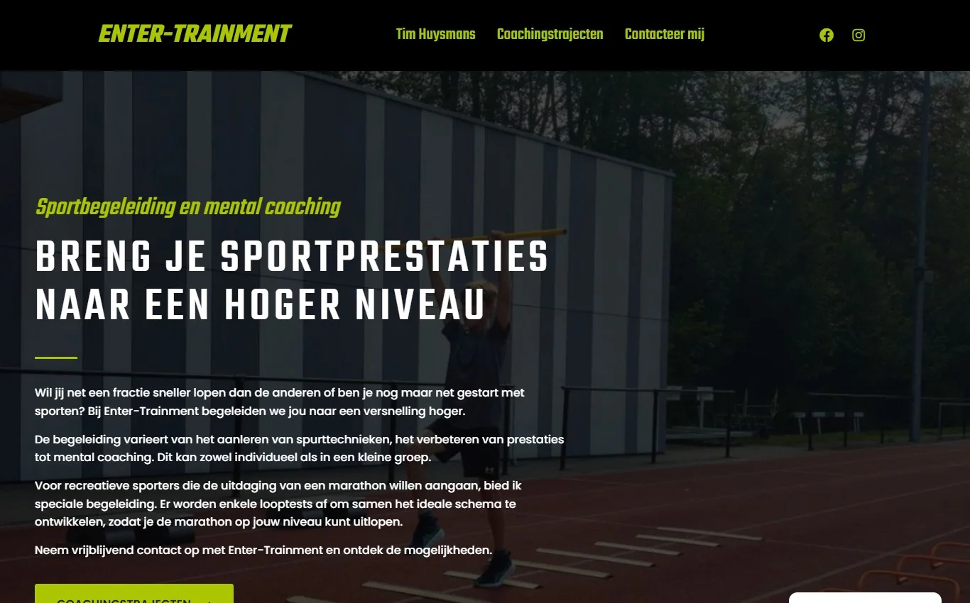 Enter-Trainment landingspagina met snelheidstraining, mental coaching, marathonbegeleiding en contact