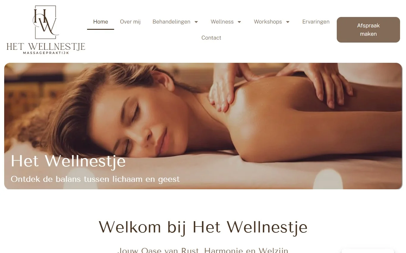 Rustige website van Het Wellnestje met informatie over massages en wellness in Erpe