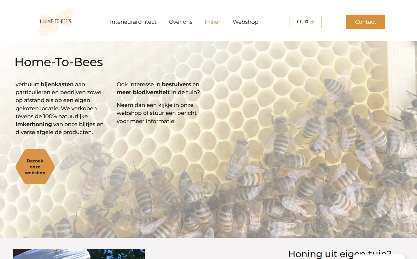 Home2Bees website met routes naar bijenkastverhuur, honingproducten en interieuradvies