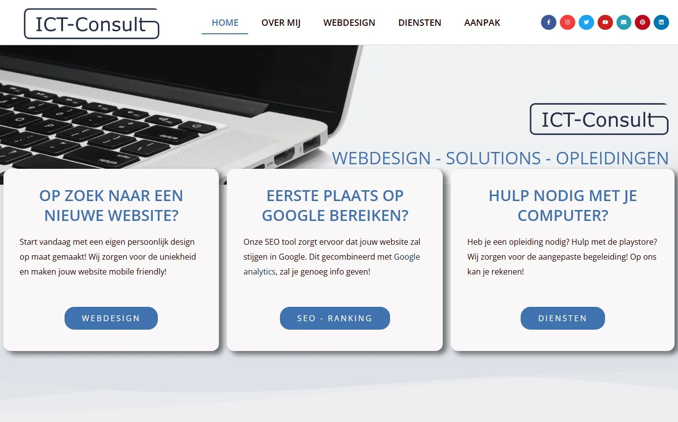 ICT Consult website-template met duidelijke blokken voor IT-diensten en referenties