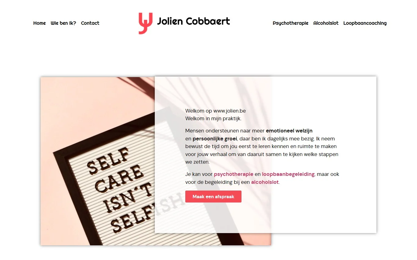 Rustige website van psycholoog Jolien Cobbaert met therapie, alcoholslotbegeleiding en coaching