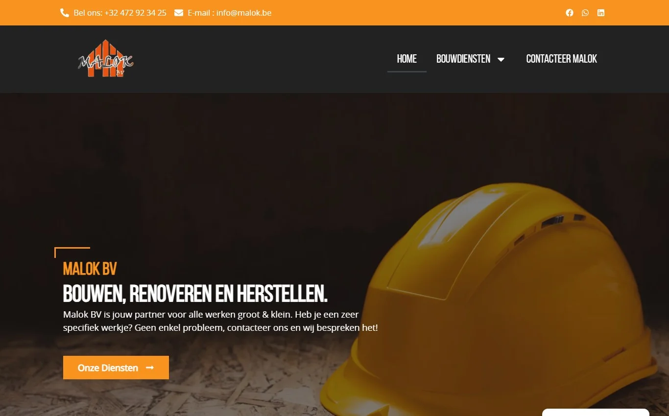 Website van bouw- en renovatiebedrijf Malok met afzonderlijke pagina's voor de diensten