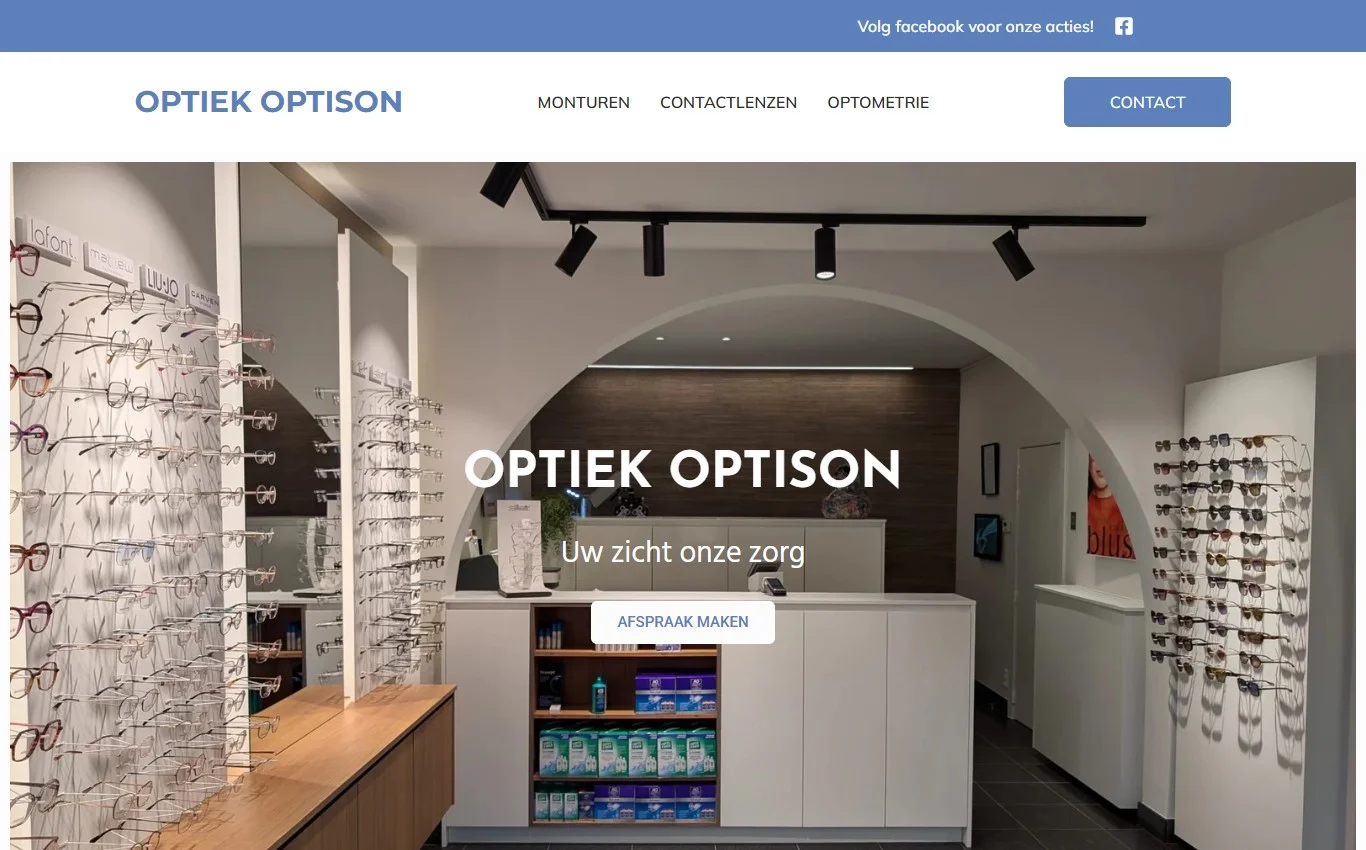 Website van Optiek Optison met oogzorg, monturen en webshop