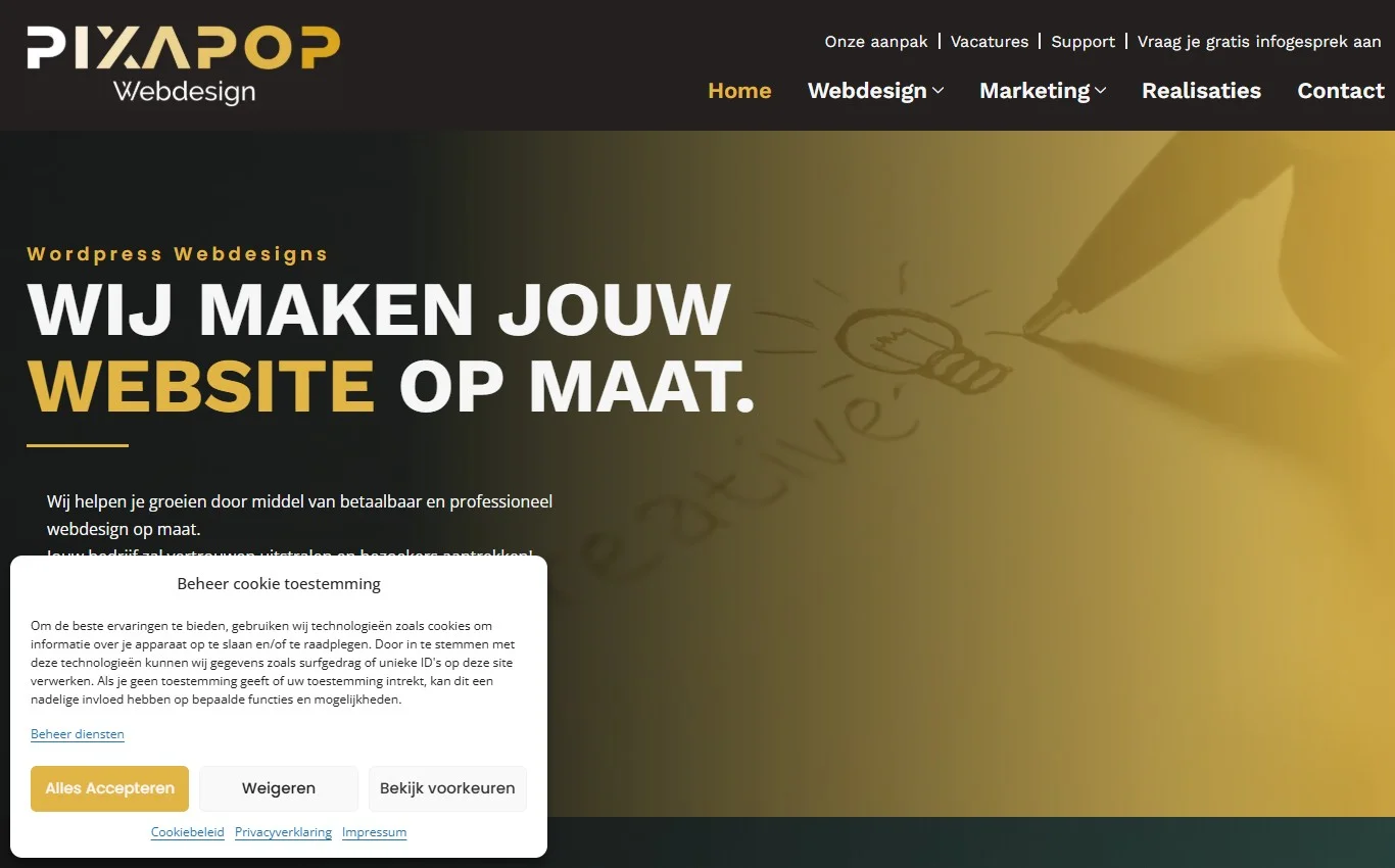 Pixapop website met diensten, cases en afspraakgerichte navigatie