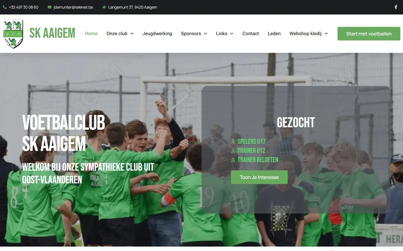SK Aaigem clubwebsite in zwart en groen met online inschrijvingen