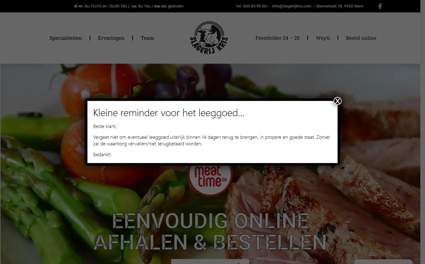 Website van Slagerij Kris in Mere met koppeling naar de externe webshop