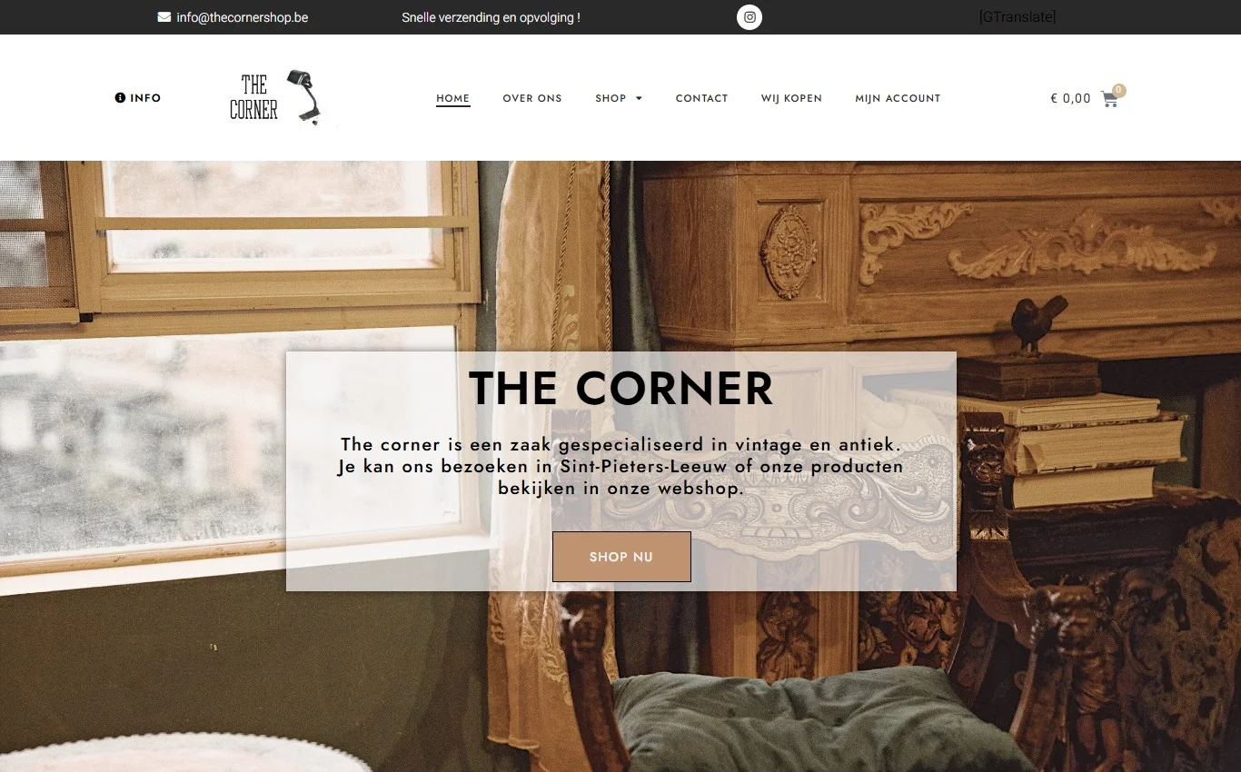 Online etalage van The Corner Shop met vintage en antieke stukken