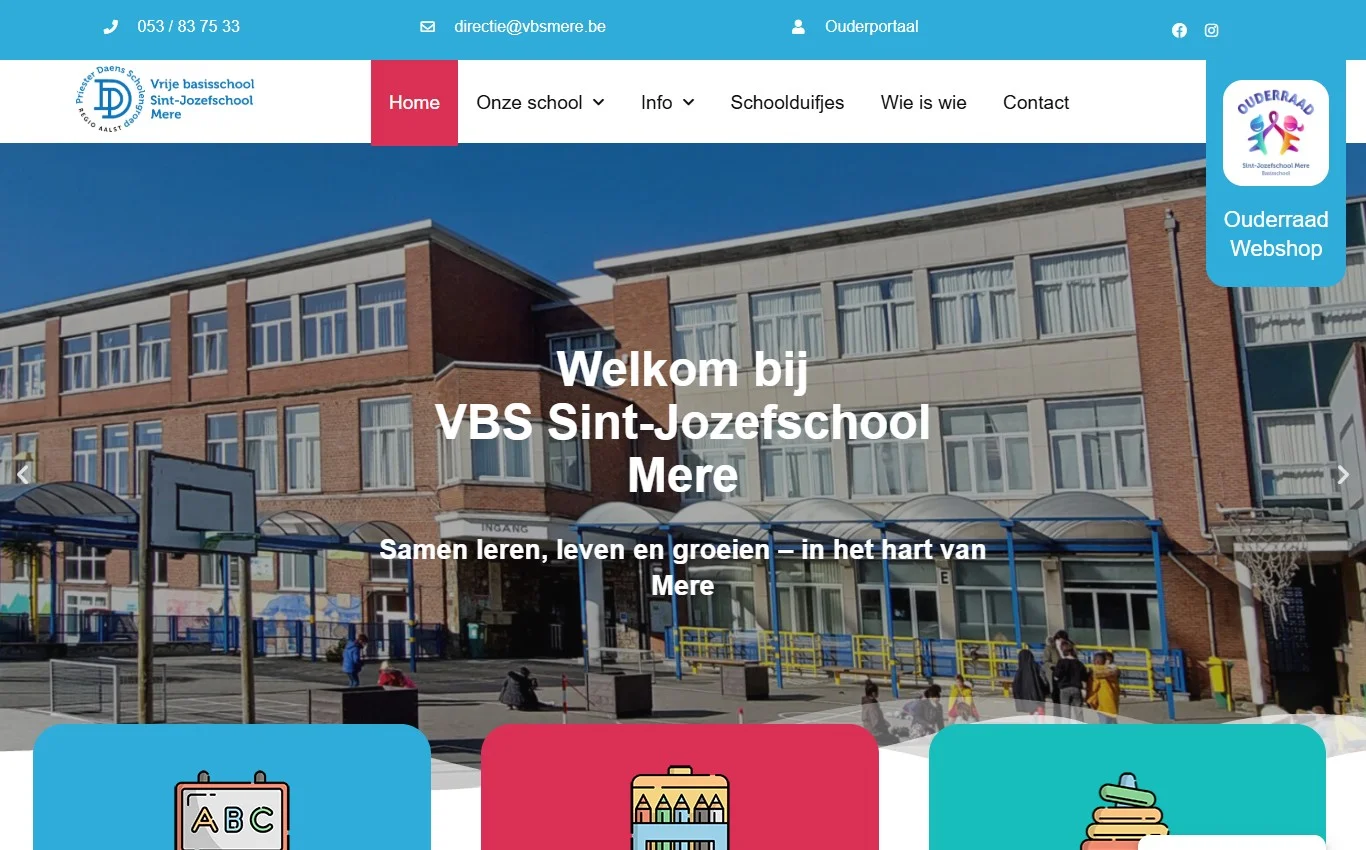 Website van VBS Sint-Jozef Mere met ouderraad-webshop en digitaal Schoolduifje